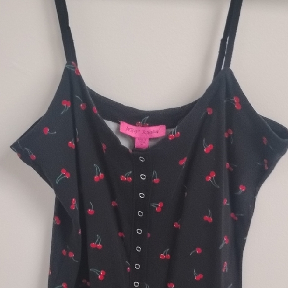Vintage Betsey Johnson Retro Style Black Cherry Print Snap Front Bodycon Dress - Picture 6 of 14
